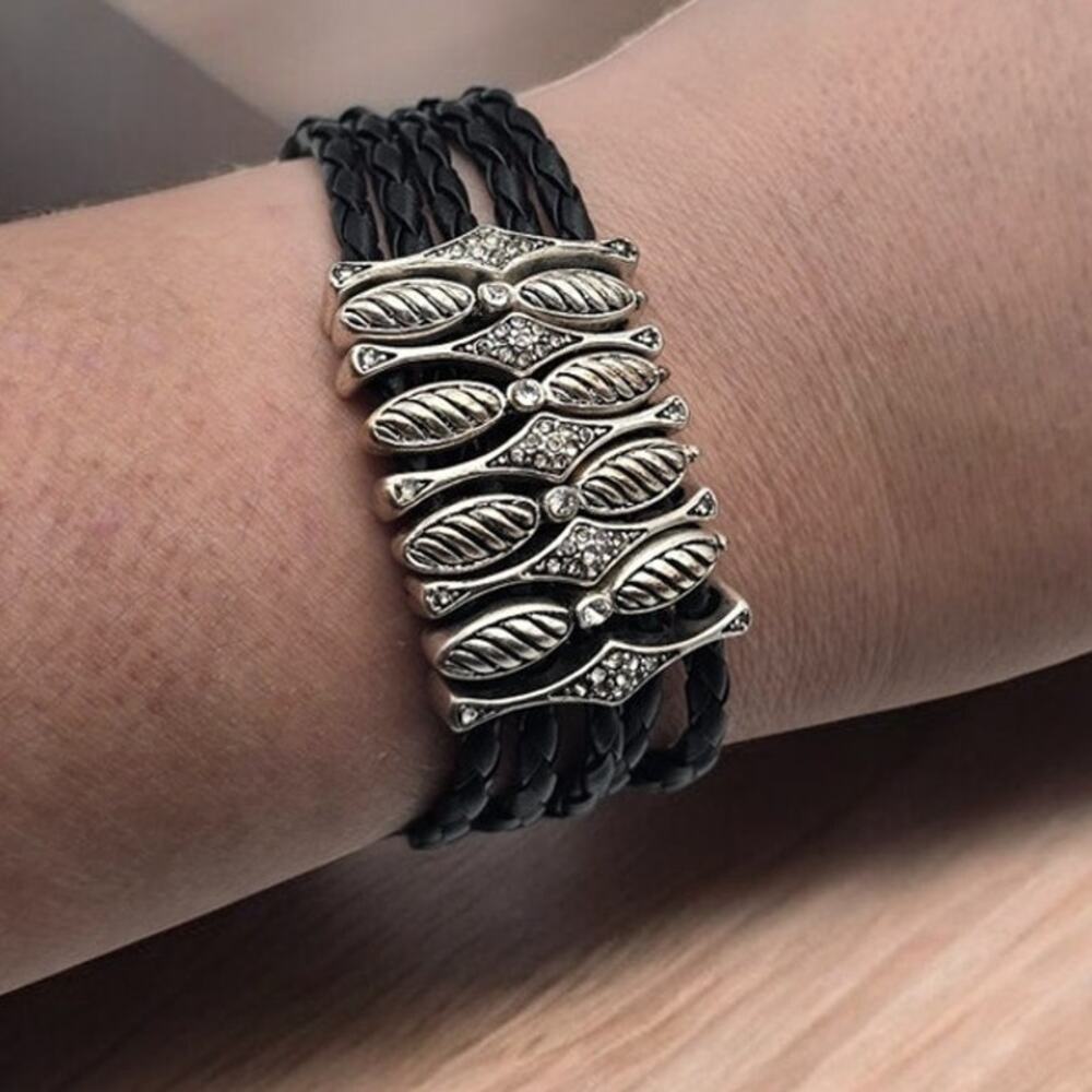 Ornate Rhinestone Silver and Black Corded Bracelet Magnetic Clasp City Chic Glam